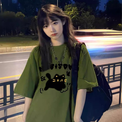 重磅纯棉绿色短袖t恤女夏季港味宽松大码小个子美式高街上衣服潮