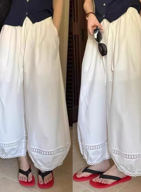 白色日系镂空气球阔腿裤女夏季新款高腰显瘦松弛感九分蕾丝休闲裤