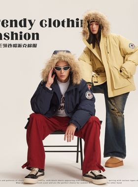 CATTEE冬季毛领派克服男款潮高级感美式复古工装棉服bf外套情侣