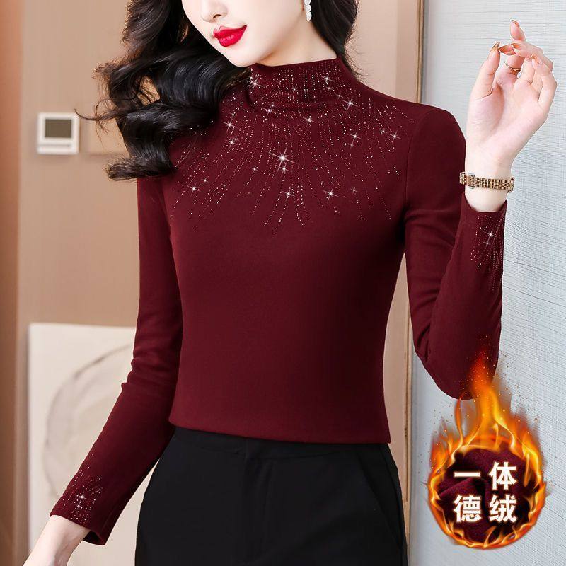 半高领烫钻打底衫女秋冬新款高端妈妈装长袖时尚显瘦保暖德绒上衣,女装/女士精品,T恤,淘宝优惠券,粉丝福利购,淘宝优惠卷
