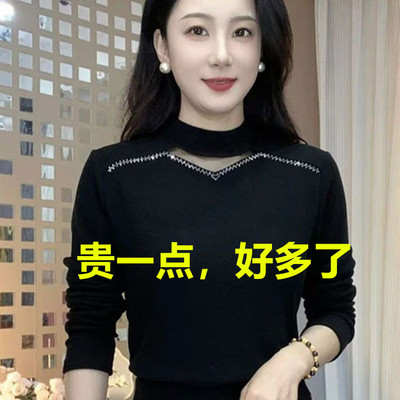 半高领烫钻德绒打底衫女秋冬新款妈妈装气质减龄显瘦长袖网纱上衣