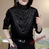 秋冬新款 女遮肚上衣 长袖 重工烫钻显瘦中老年洋气时尚 半高领打底衫