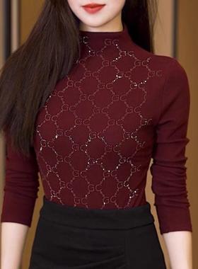 德绒半高领秋冬新款打底衫女2024保暖加厚百搭时尚烫钻洋气女上衣