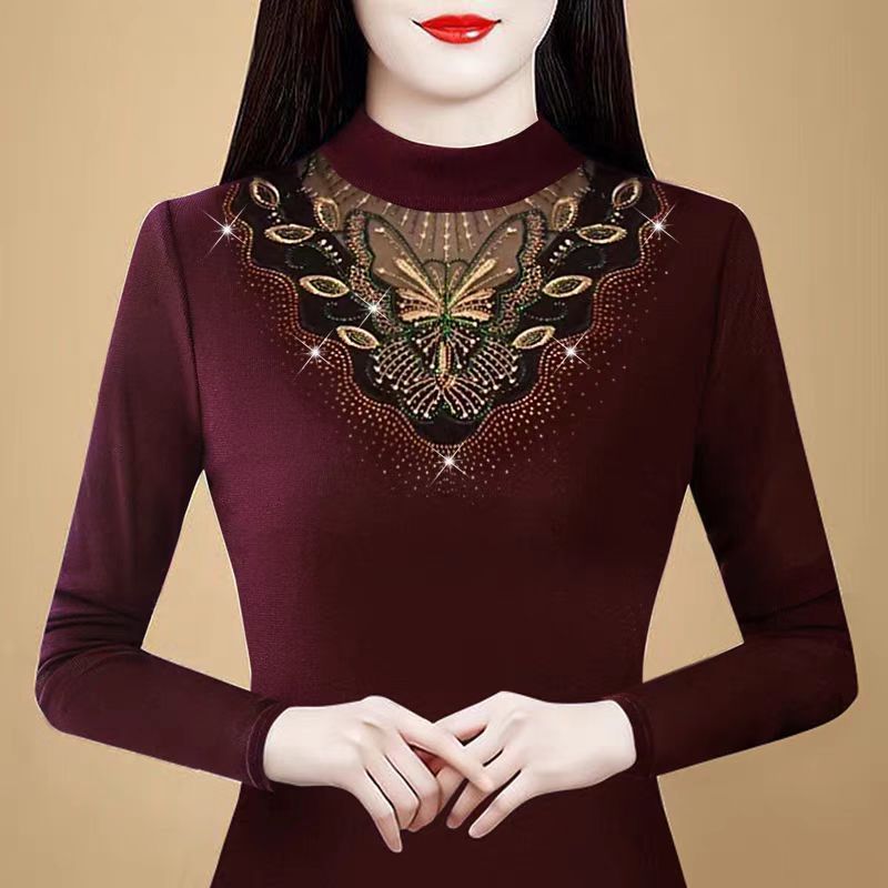 时尚网纱烫钻德绒保暖打底衫上衣