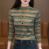 内搭修身 半高领德绒洋气条纹显瘦长袖 上衣 打底衫 女大码 秋冬季 新款