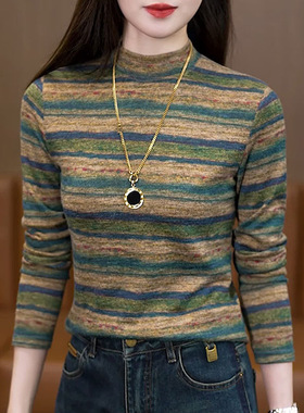 半高领德绒洋气条纹显瘦长袖秋冬季新款打底衫女大码内搭修身上衣