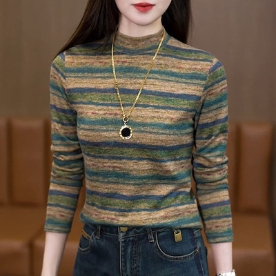 半高领德绒洋气条纹显瘦长袖上衣