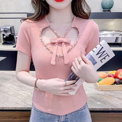 冰丝V领镂空短袖显瘦钉珠T恤