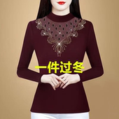 秋冬季 时尚 烫钻妈妈装 加厚德绒女士t恤长袖 半高领保暖打底衫 上衣