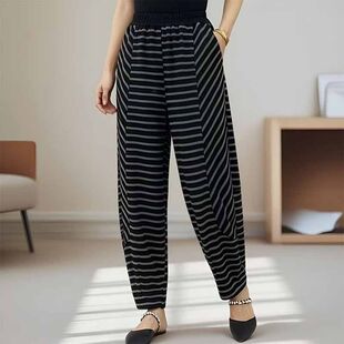 女宽松显瘦束脚阔腿裤 洋气哈伦裤 2026夏季 时尚 新款 高腰条纹休闲裤