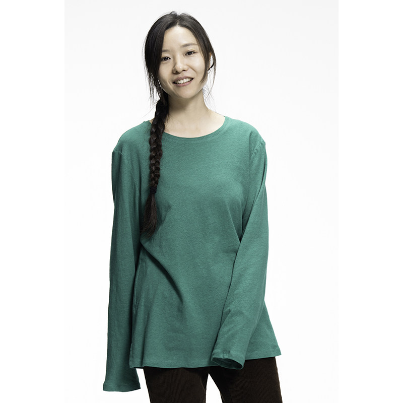 南白 天然棉麻柔软宽松圆领休闲长袖t恤上衣女士粉色绿色常规打底