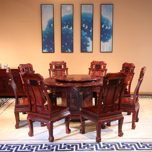 东阳红木餐桌老挝红酸枝圆桌巴里黄檀圆台餐椅花枝餐厅成套家具