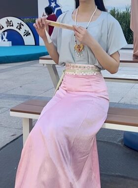 汉黛记风荷举齐腰八破裙夏季汉服女小清新汉服半袖天丝汉服新款