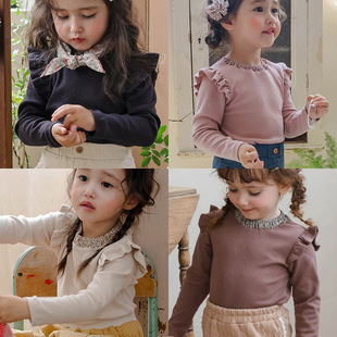 2025秋款韩国儿童小女孩长袖t恤洋气碎花领飞飞袖女童宝宝打底衫