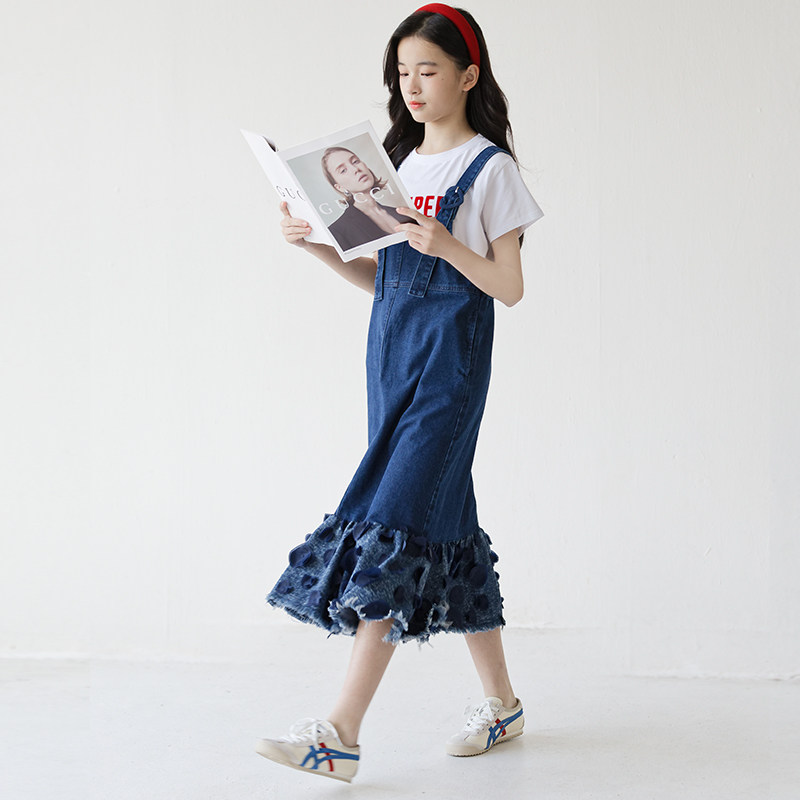 时尚女童牛仔背带连衣裙春夏套装显瘦立体花朵中大童女孩鱼尾长裙