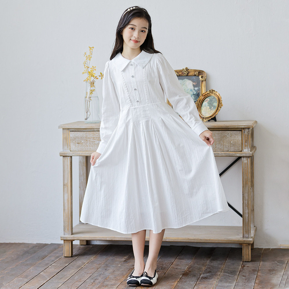 学院风白色长袖衬衫连衣裙女童春秋收腰长裙气质中大童女孩小白裙