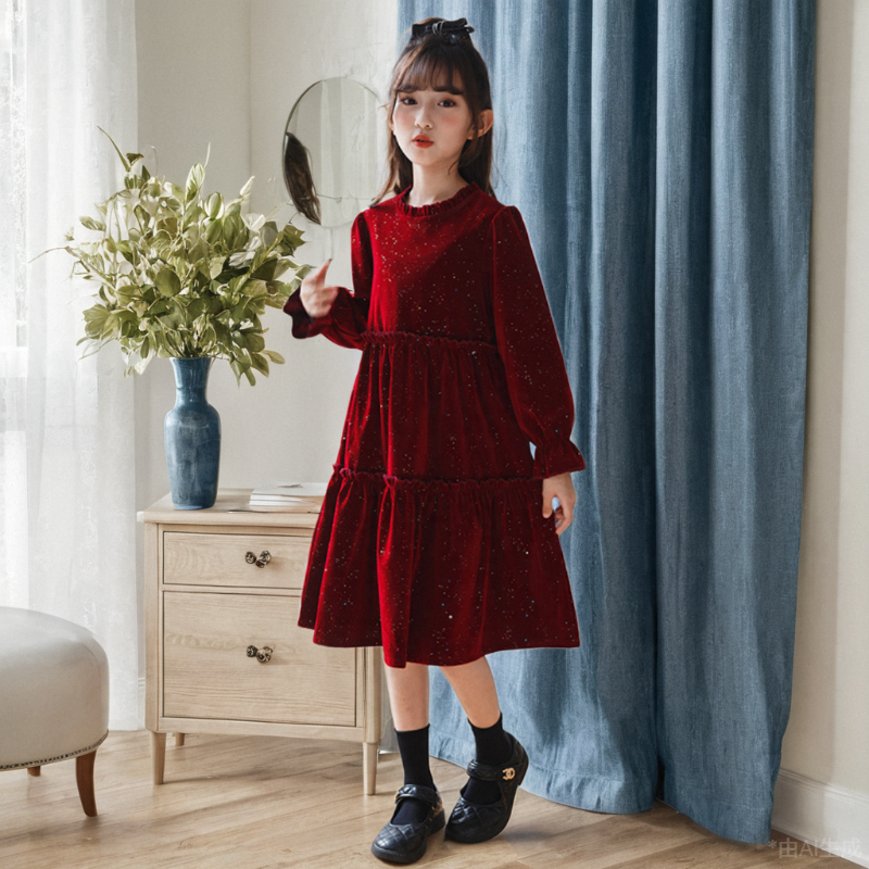 女童新年连衣裙酒红色秋冬韩版儿童亲子金丝绒大童女孩加绒公主裙,童装/婴儿装/亲子装,连衣裙,淘宝优惠券,粉丝福利购,淘宝优惠卷