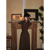 老钱风法式 复古设计感不规则褶皱连衣裙女秋冬高弹力收腰长裙