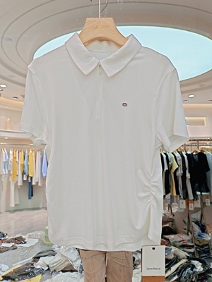 俪米26ST0110时尚拉链翻领褶皱休闲舒适短袖T恤小衫上衣女夏正品