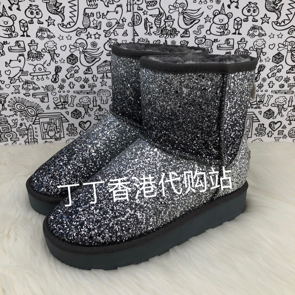 25年新款银深灰色渐变人造毛亮片短雪地靴厚底鞋增高鞋UF710YTi