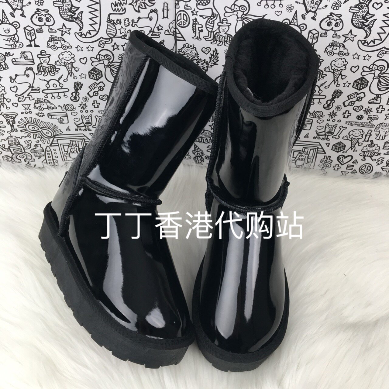 4寸黑色漆皮中筒款 防水 懒人鞋保暖厚底牛皮雪地女靴隐形内增高