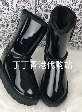 4寸黑色漆皮中筒款 防水 懒人鞋保暖厚底牛皮雪地女靴隐形内增高