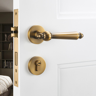 法式 金色门锁室内木门分体锁卧室房门锁静音磁吸黄古铜复古门把手