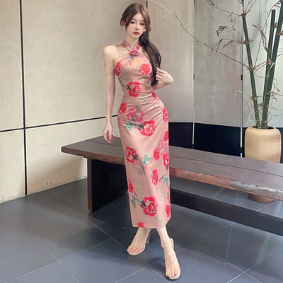 女装夏季包臀开叉长裙复古新中式绝美日常改良旗袍碎花挂脖连衣裙