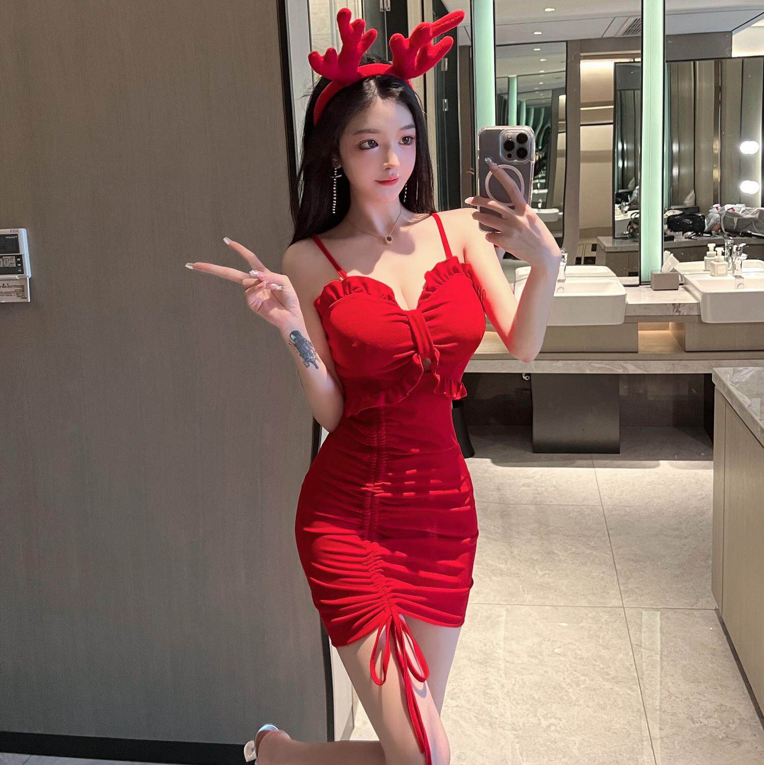 性感夜店女装镂空低胸花边裹胸连衣裙紧身抽绳包臀吊带小个子裙潮