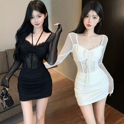 黑色蕾丝长袖吊带连衣裙纯欲性感V领露背夜场足浴技师上班工作服