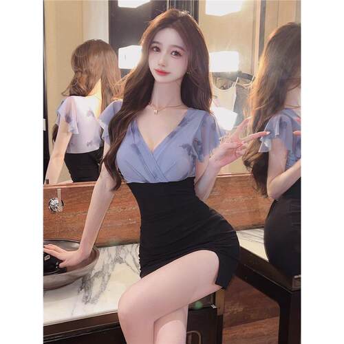 印花性感短袖连衣裙夏养生会所足疗SPA技师V领女装工作服修身包臀
