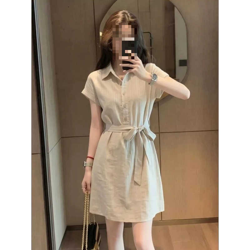 夏季新款韩式休闲风翻领短袖衬衫裙女装收腰A字连衣裙高级感T恤裙