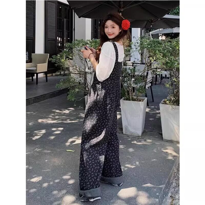 黑色复古碎花牛仔背带裤女2025春夏宽松显瘦直筒高腰阔腿连体长裤