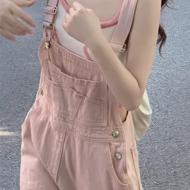 奶盐系粉色牛仔背带裤女夏季减龄显瘦小个子直筒工装连体阔腿裤子