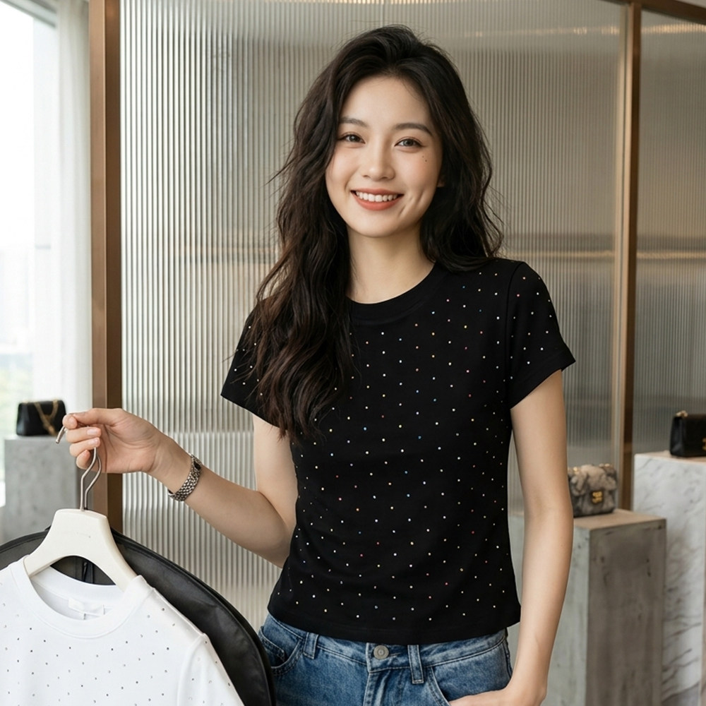 2026夏季新款独特超好看单穿上衣chic韩系设计小众灰色烫钻t恤女