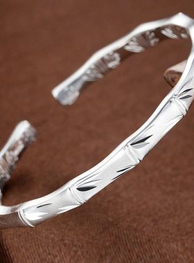 s999纯银手镯女款竹子手环古法磨砂竹节手镯开口调节年轻送长辈