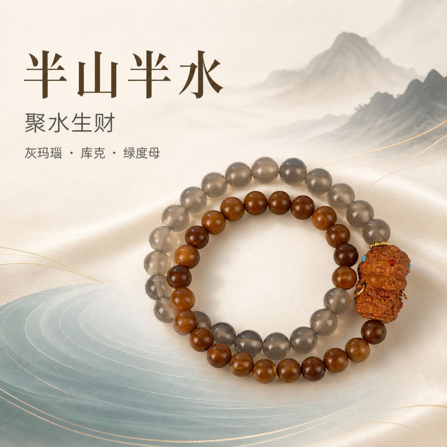 库克双圈绿度母灰玛瑙新中式手串