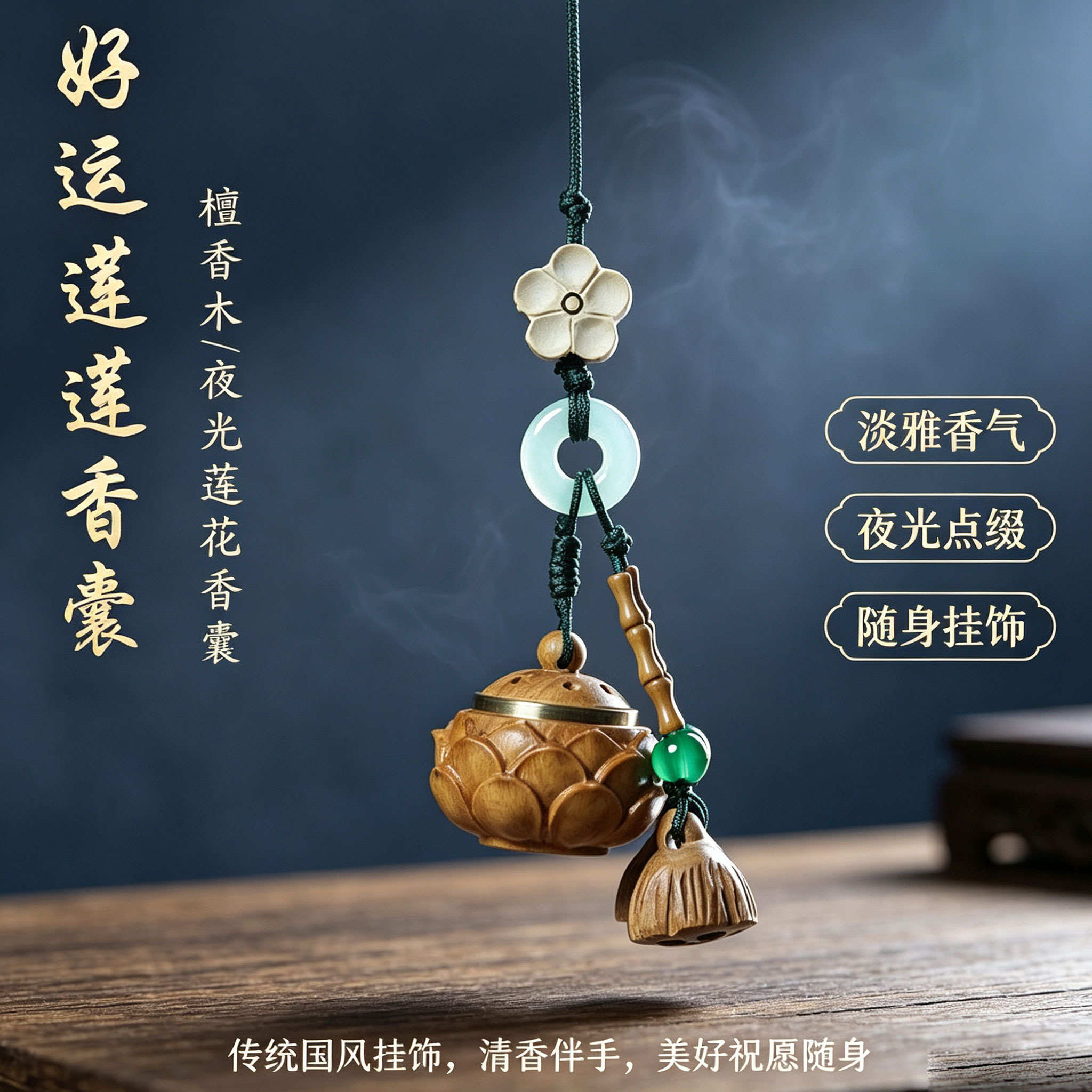 夜光檀香木镂空香囊发光挂件手机
