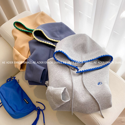 ader error small秋季短款连帽卫衣女贝壳绣小个子帽衫宽松假两件