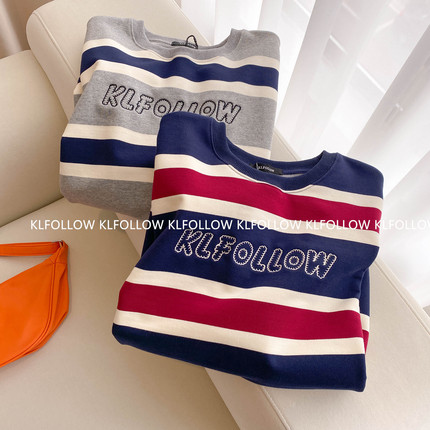 KLFOLLOW春秋字母刺绣宽松长袖条纹卫衣男女落肩休闲上衣欧美潮牌