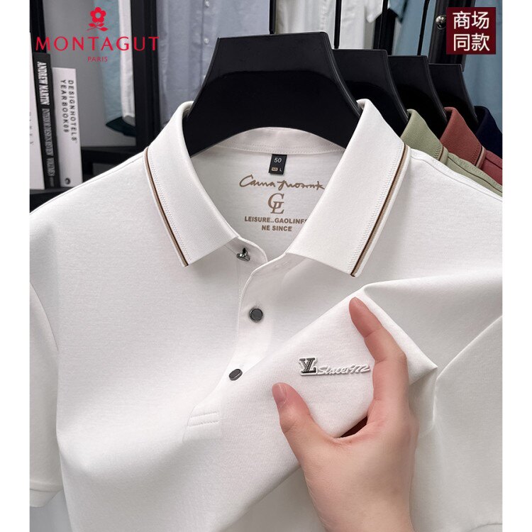 梦特娇夏季薄款短袖T恤男士新款翻领纯色100纯棉双丝光棉男装体恤