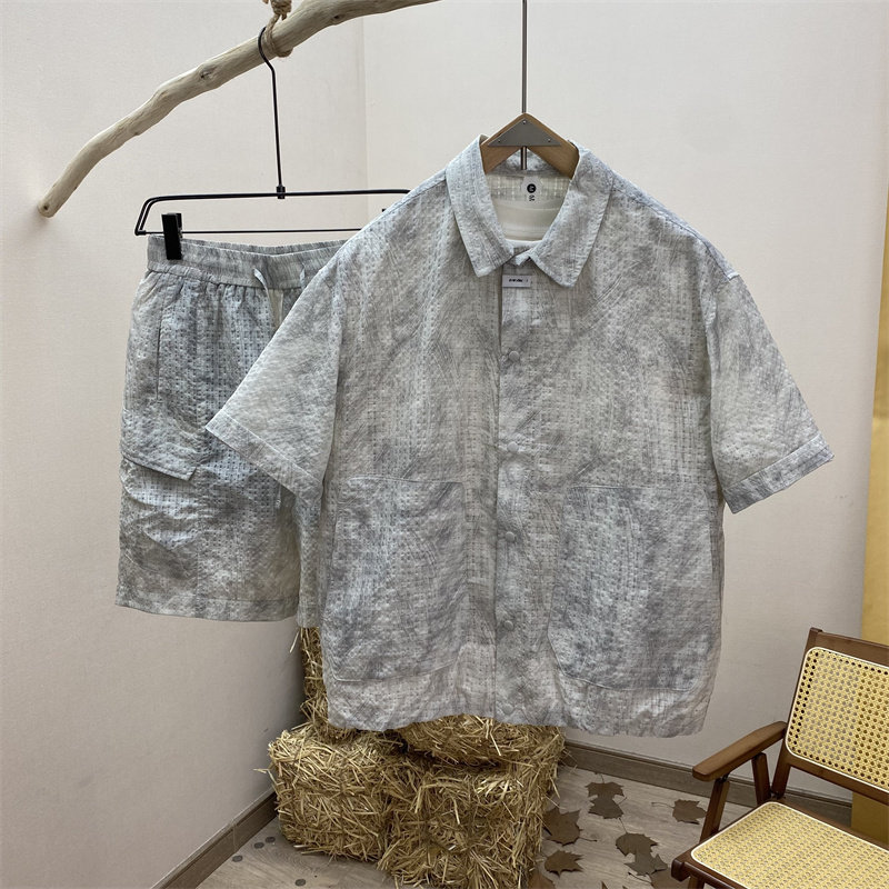 夏季新款美式工装男士短袖衬衫短裤两件套时尚设计感休闲质感套装