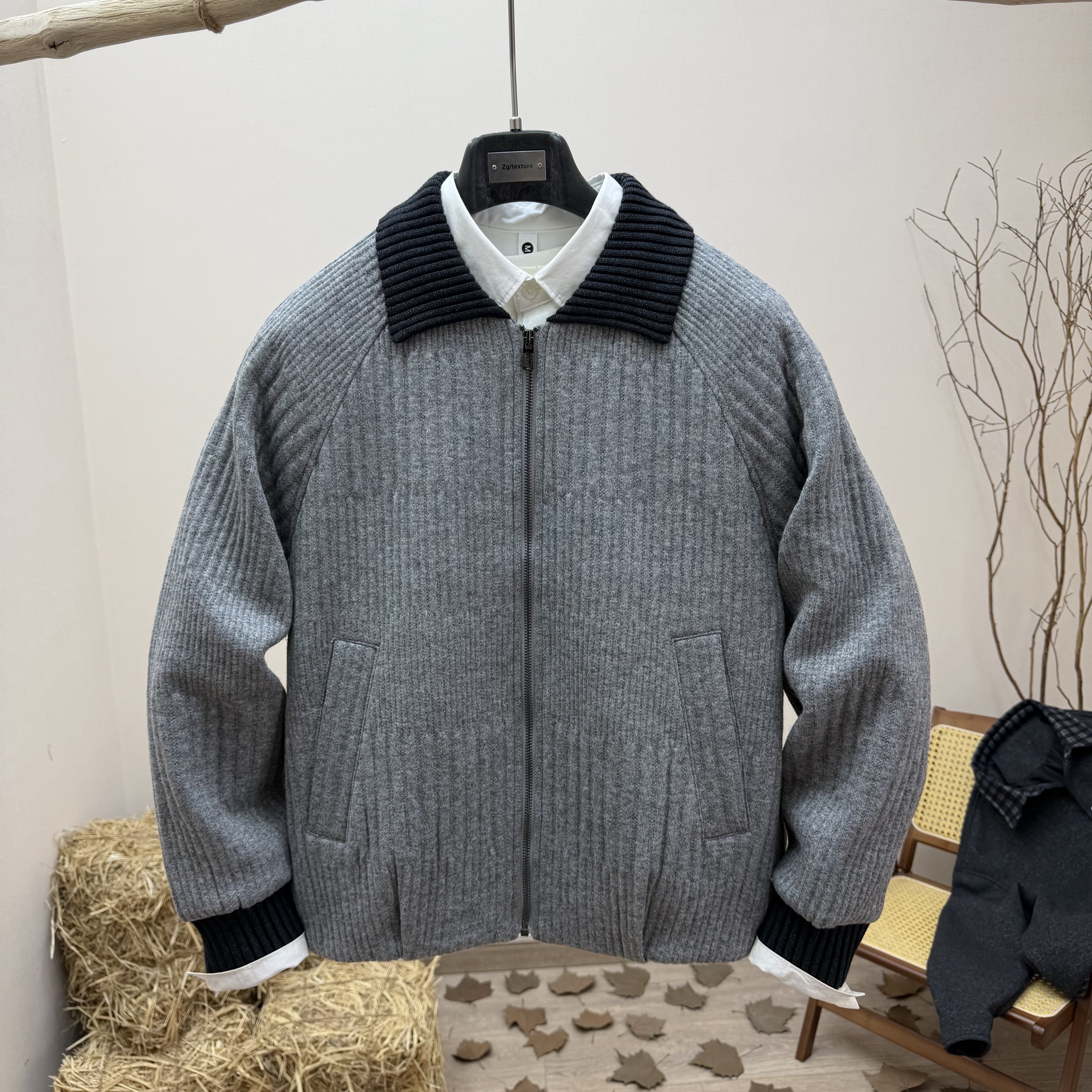 秋冬新款男士撞色翻领针织棉服
