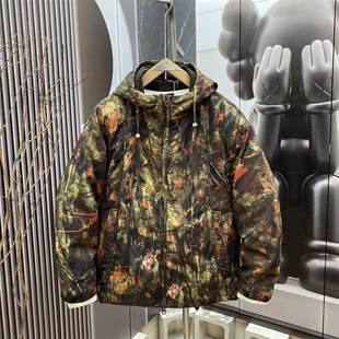潮牌90白鸭绒连帽羽绒服男士 美式 迷彩印花设计感保暖外套 新款 冬季