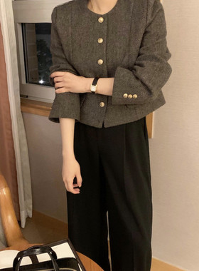 miel 韩国女春季洋气百搭圆领单排扣短款毛呢外套夹克上衣