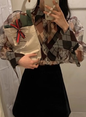 seooocookie 24秋冬韩国设计师品牌代购格子薄纱衬衫