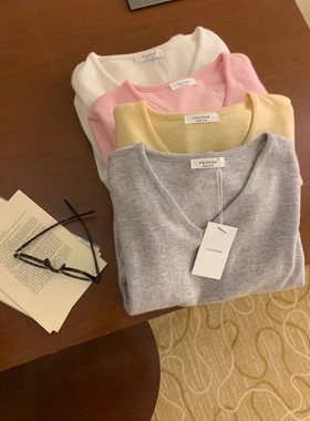 proper v领长袖针织衫女秋季新款修身显瘦短款上衣