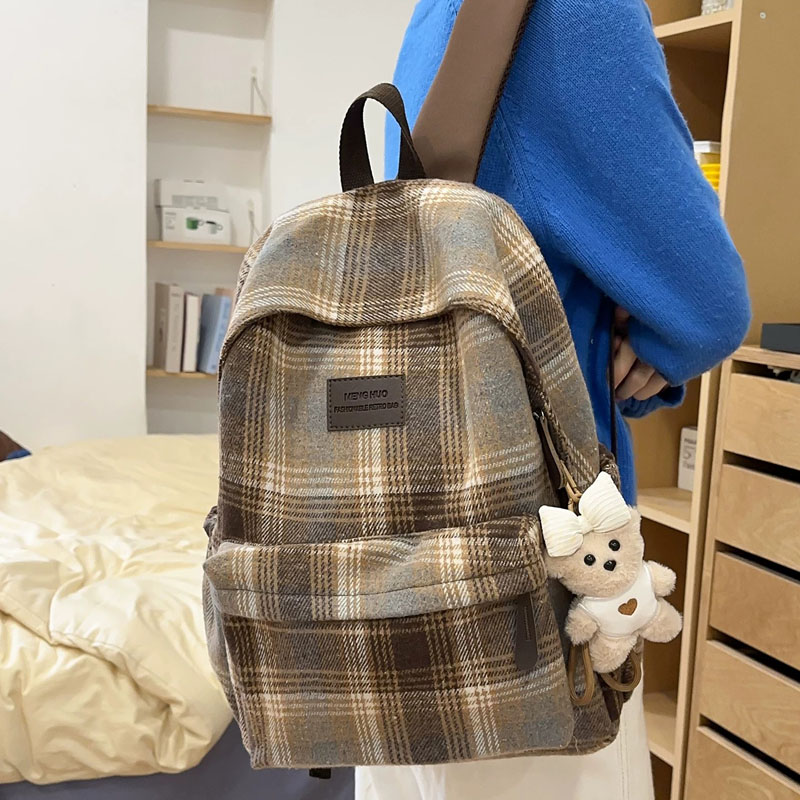 书包女韩版高中学生初中生双肩包百搭小背包日系ins秋冬复古格子