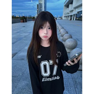纯棉美式高街hiphop学院风长袖T恤女童学生潮牌07数字闺蜜装上衣