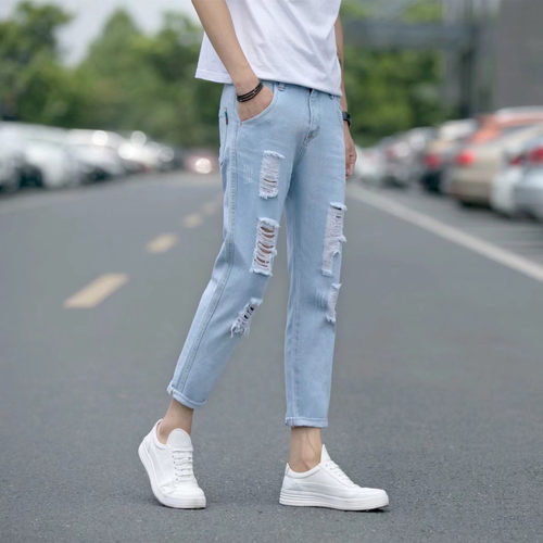 破洞韩版潮流修身小脚乞丐九分裤
